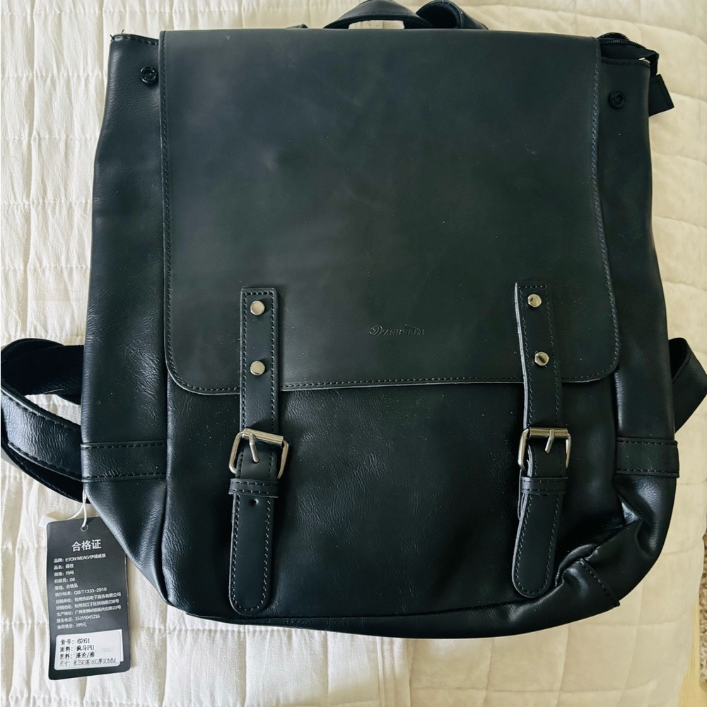 Unisex Black Leather Backpack..